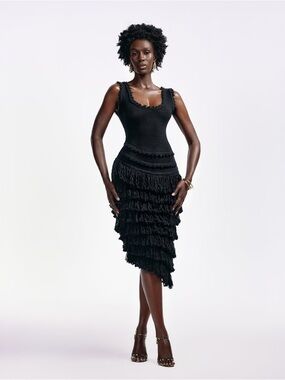 Hanifa Mia Black Tiered Fringe Knit Dress